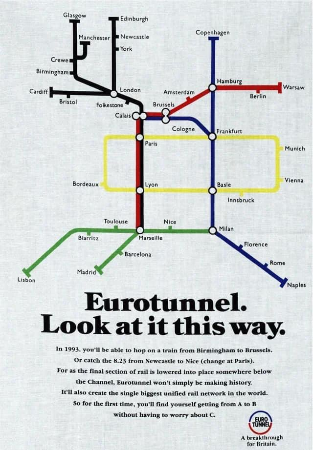 An old advert for eurotunnel/eurostar, promising being able to take a direct train from Newcastle to Paris by 1993. This didn't happen and last week the government cancelled much of the high speed network that would have got us a bit closer.
