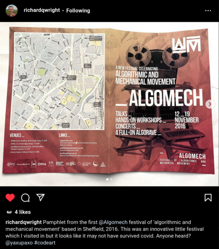 A screenshot of instagram showing the brochure for algomech festival of algorithmic and mechanical movement